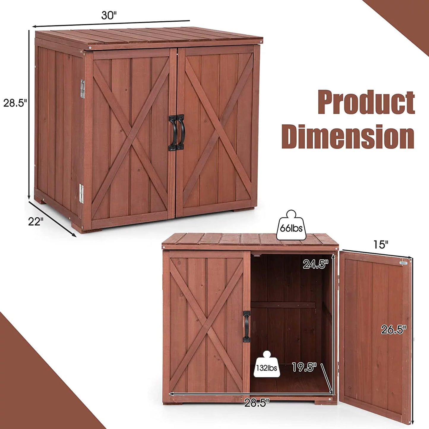 30" outdoor storage box, wooden storage deck box w/spacious inner space & countertop, tool storage cabinet for backyard garden porch, easy assembly, 30" x 22" x 28.5" (brown)