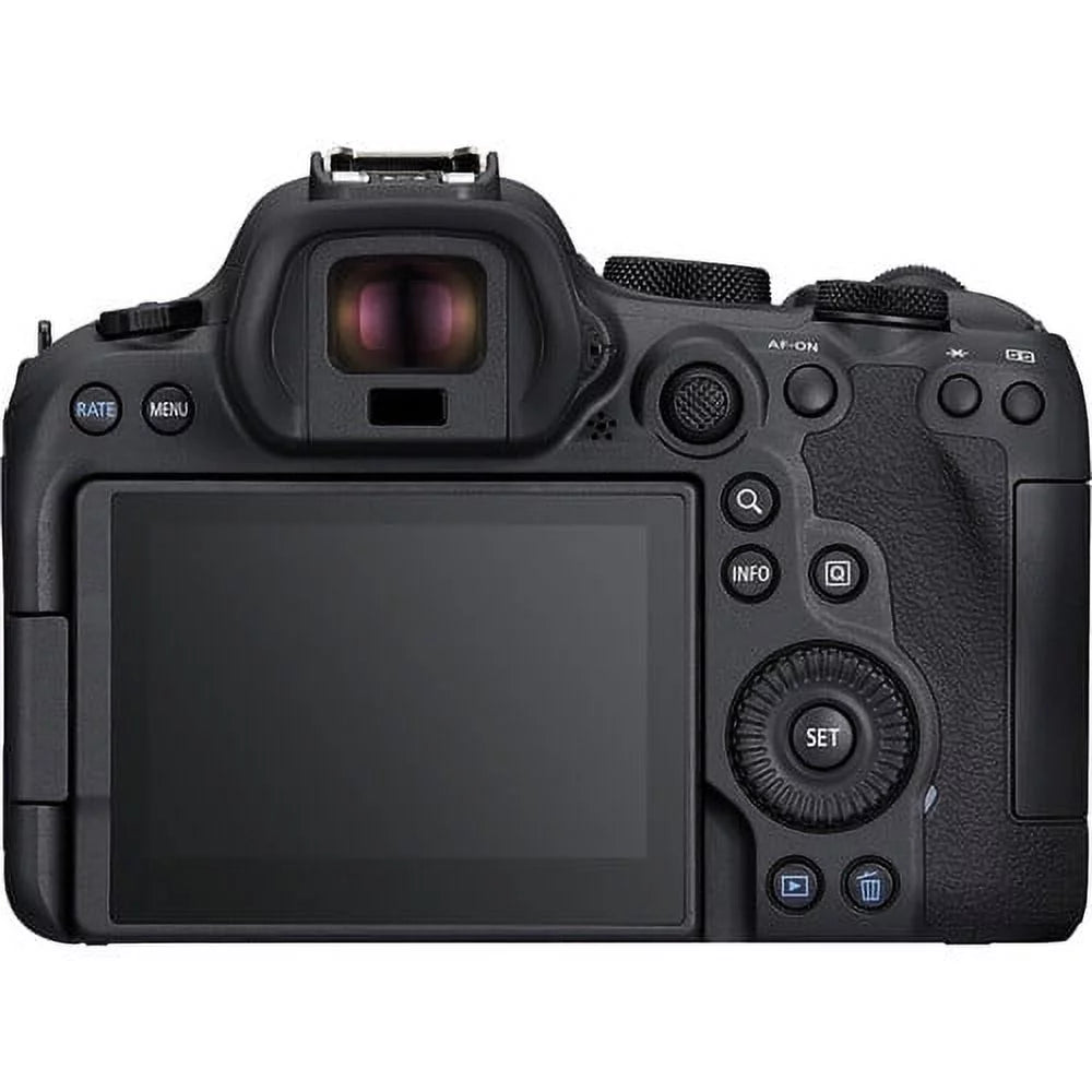 Canon eos r6 mark ii mirrorless camera (5666c002) + canon rf 24-70mm lens + 64gb memory card + case + corel photo software + 2 x lpe6 battery + external charger + card reader + more