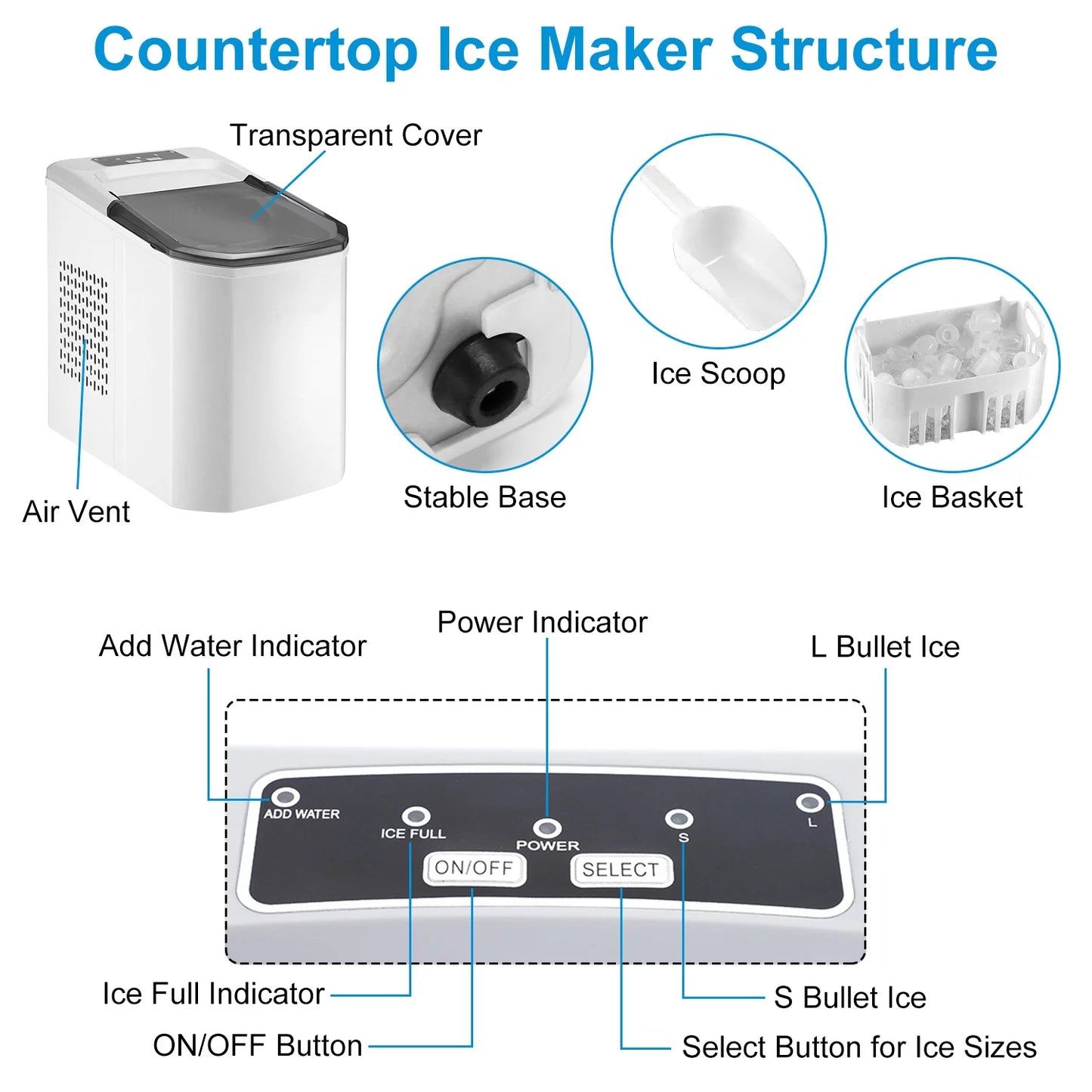 Countertop ice maker, imountek electric ice making machine 6 mins 9 s/l bullet ice, max 33lbs/24hrs, portable ice maker with self-cleaning, ice scoop, and basket, for home/kitchen/office/party/bar/rv