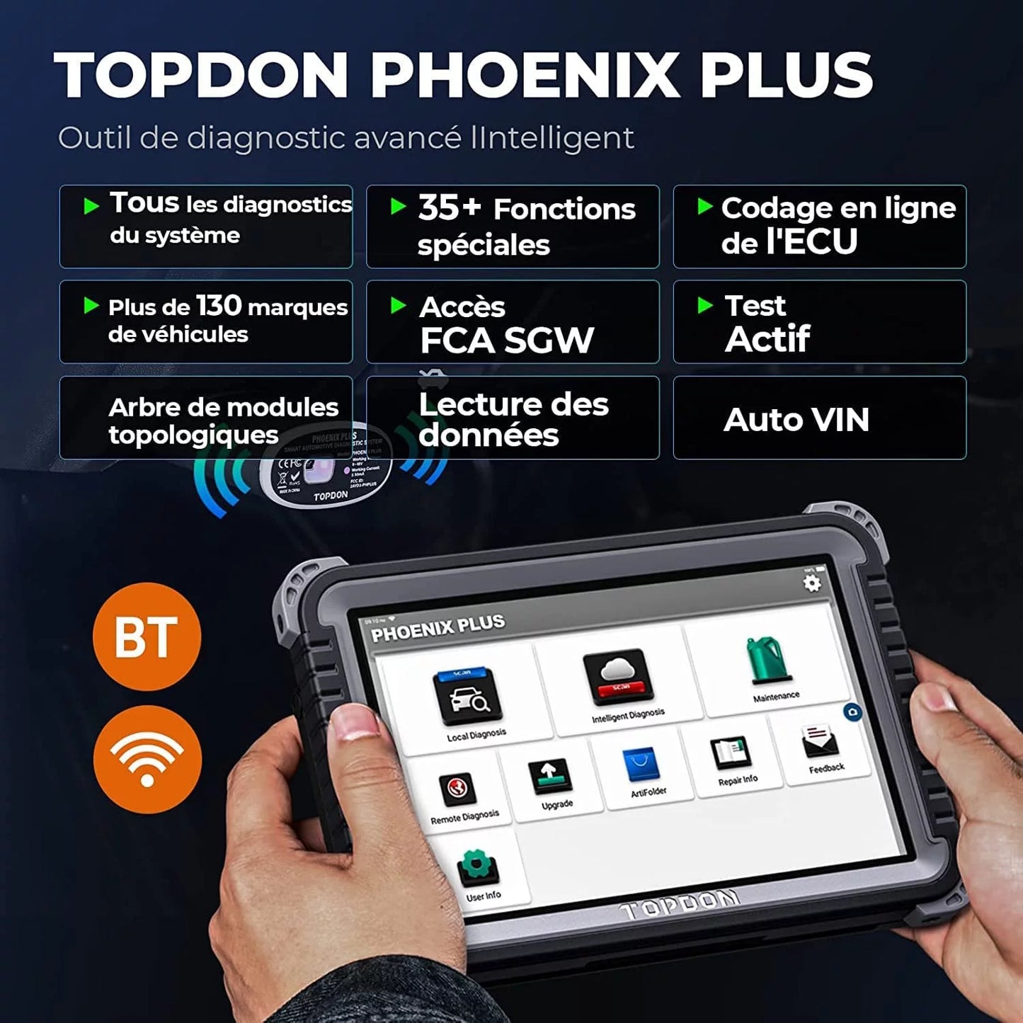 Car diagnostic scan tool topdon phoenix plus obd2 scanner bi-directional advanced ecu coding, key matching,34 reset services