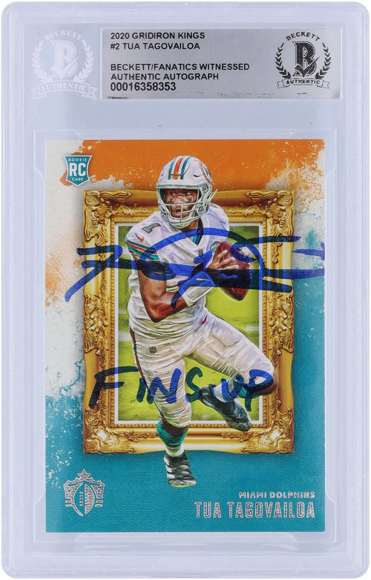 Tua tagovailoa miami dolphins autographed 2020 panini chronicles gridiron kings #gk-2 beckett fanatics witnessed authenticated rookie card with "fins up" inscription - fanatics authentic certified