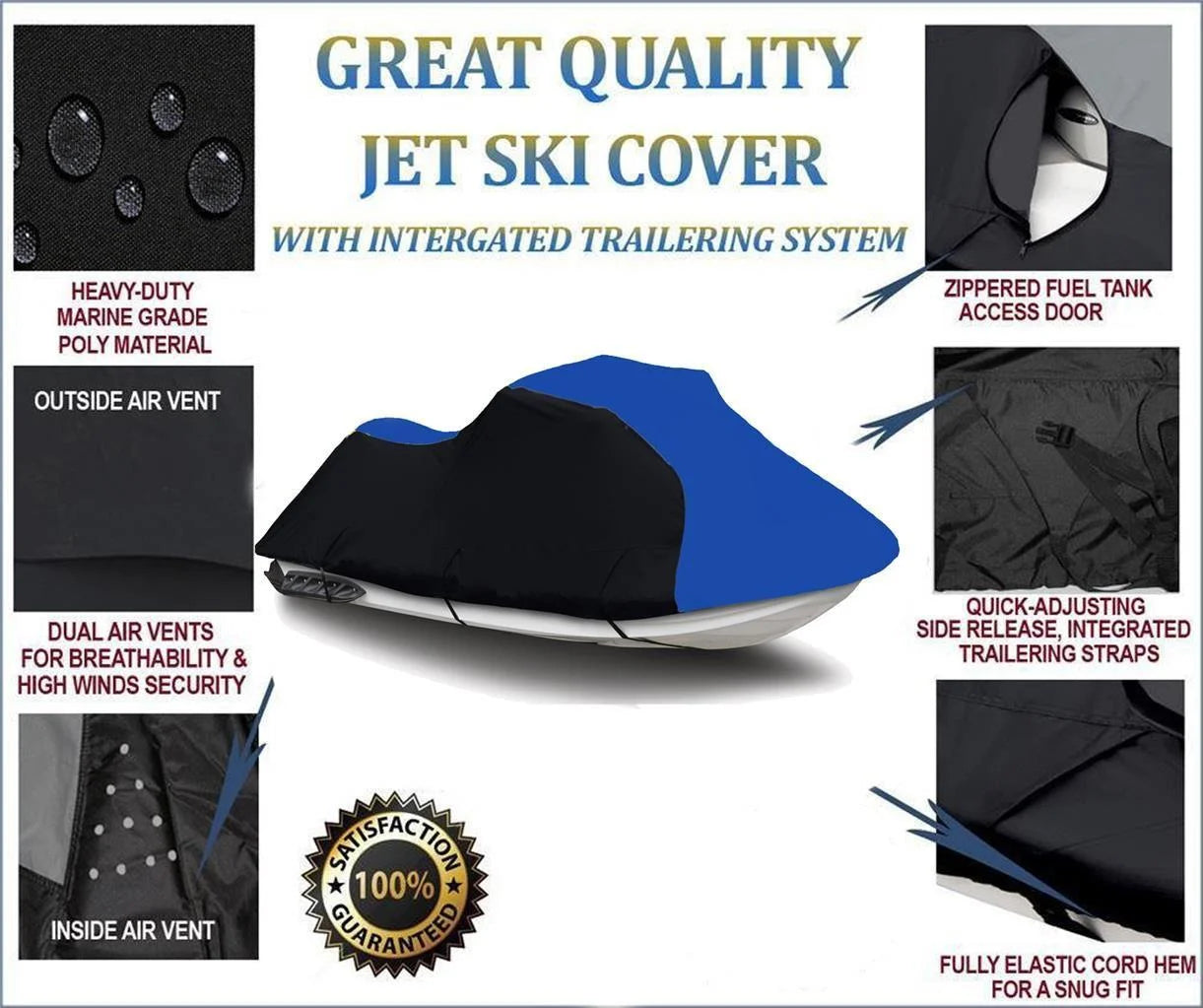 Black / blue heavy-duty, 600 denier cover designed to fit kawasaki ultra lx 2007 2008 2009 2010 2011 2012 2013 2014 2015 2016 2017 2018 2019 2020 2021 2022 jet ski pwc watercraft cover trailerable