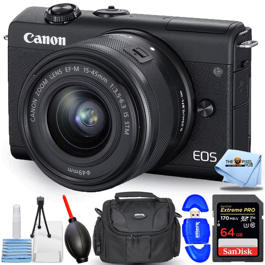 Canon eos m200 mirrorless digital camera with 15-45mm lens (black) - essential 64gb bundle