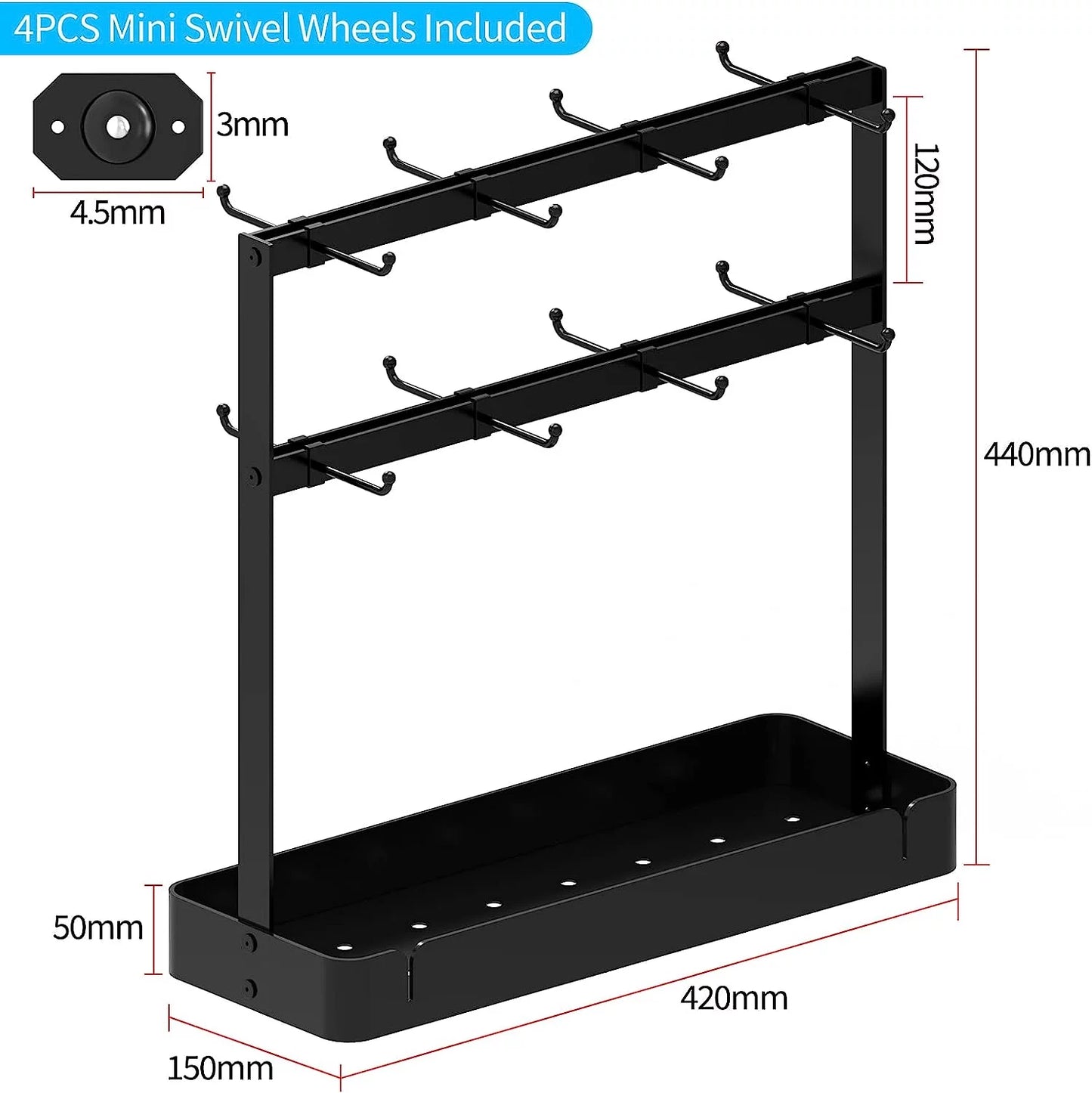 Boivshi coffee cup mug holder with movable hooks,2 tier mug tree holder rack with storage base coffee cup holder for countertop, black 16 hooks