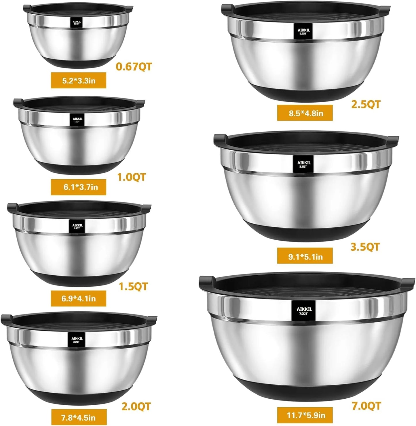 Aikkil mixing bowls with airtight lids, 20 piece stainless steel metal nesting bowls, non-slip silicone bottom, size 7, 3.5, 2.5, 2.0,1.5, 1,0.67qt great for mixing, baking, serving (black)