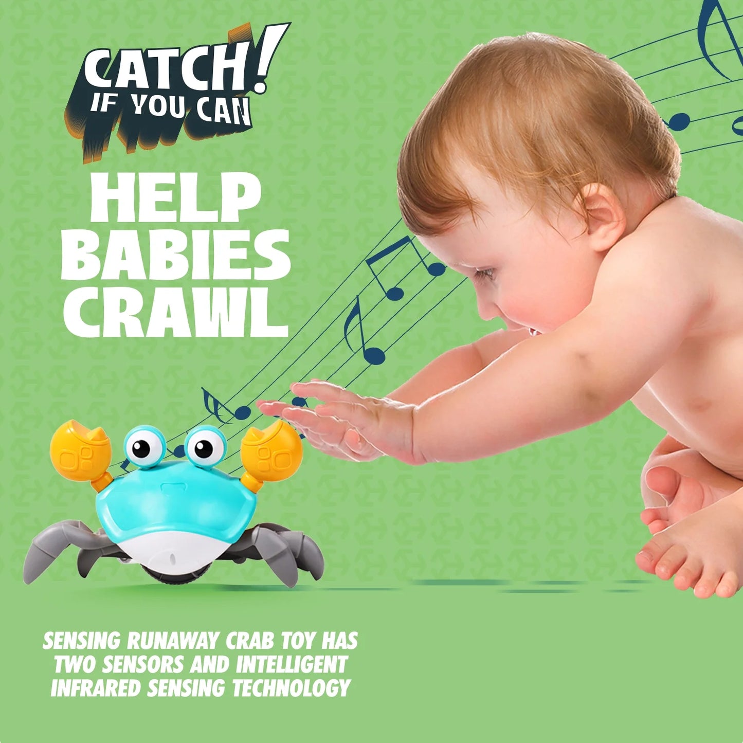 Aretha cute & sensory crawling crab with music and light for little kids 6-12 years and toddlers 0-6 months tummy time, learning crawl and cognitive development - kids favorite gift