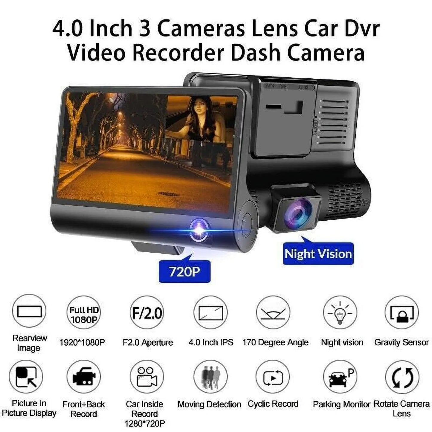 Xhy car dual lens dash cam 1080p 4" hd dvr front/rear/built-in video camera driving recorder g-sensor, motion detection and parking monitoring