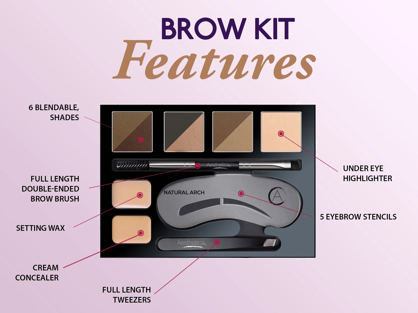 Aesthetica brow contour kit - 16-piece eyebrow makeup palette - 6 eyebrow powders, 5 eyebrow stencils, spoolie/brush duo, tweezers, brow wax, highlighter, concealer & instructions