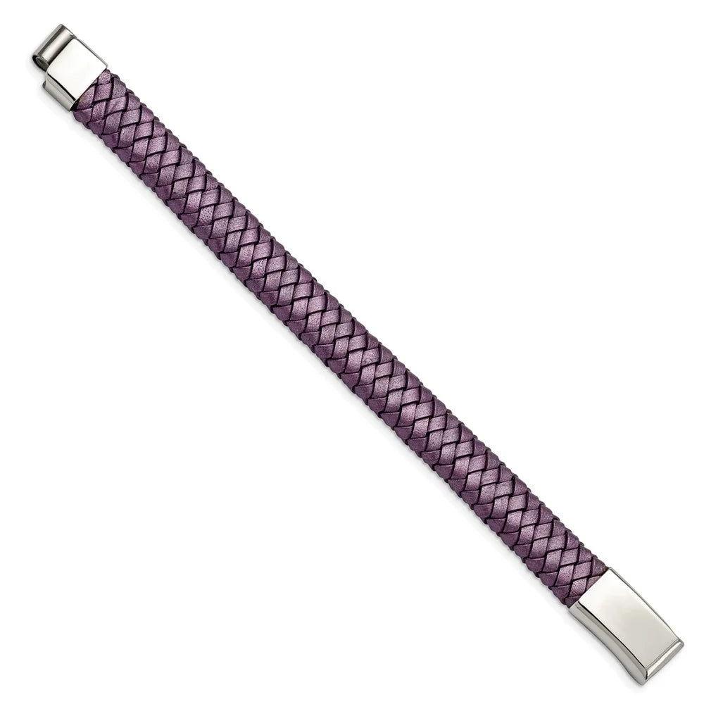 Stainless steel bracelet cord, leather & rubber women's 16 mm 7.5 in chisel polished metallic purple braided