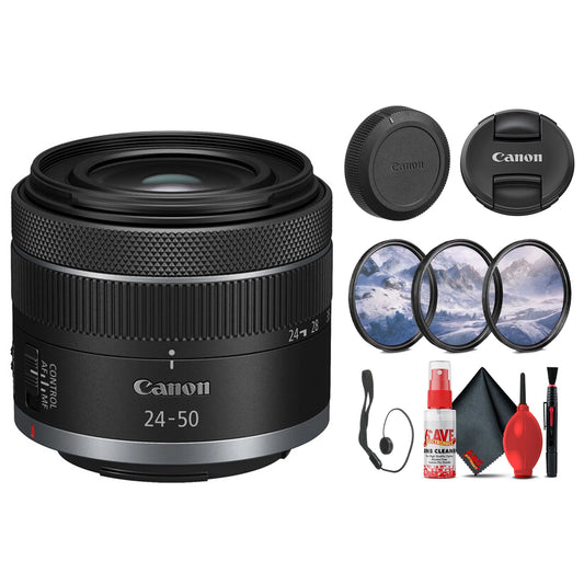 Canon rf 24-50mm f/4.5-6.3 is stm lens (canon rf) optical image stabilization, for vlogging or shooting stills (5823c002) + filter kit + cap keeper + cleaning kit