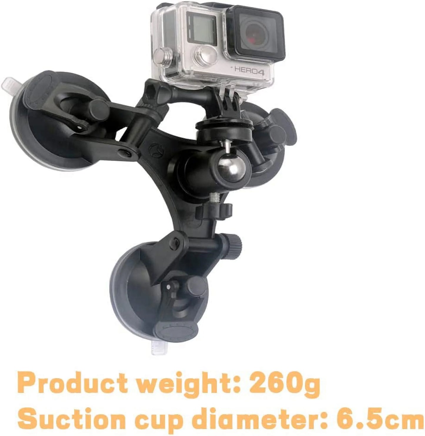 Triple suction cup mount holder action camera car windshield mount with 1/4 threaded head 360 degree tripod ball head