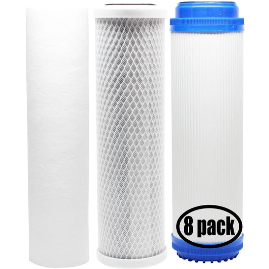 8-pack replacement for filter kit for hydronix hf3-10blbk34 ro system - includes carbon block filter, pp sediment filter & gac filter - denali pure brand