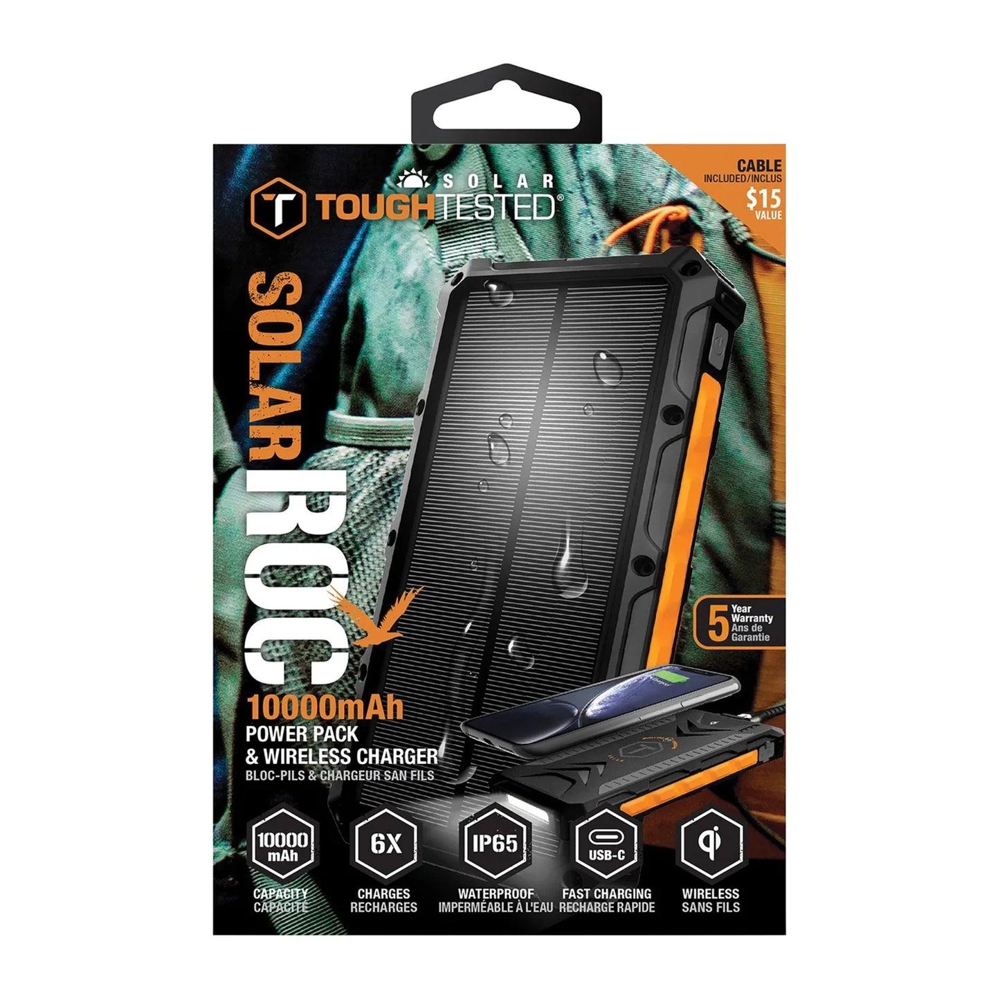 Toughtested 10,000 mah solar charger & wireless portable powerbank (roc10)