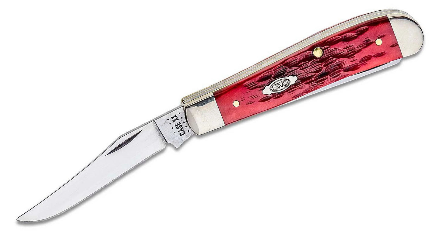 Case xx knives peach seed jigged dark red bone mini trapper carbon steel pocket knife 31952