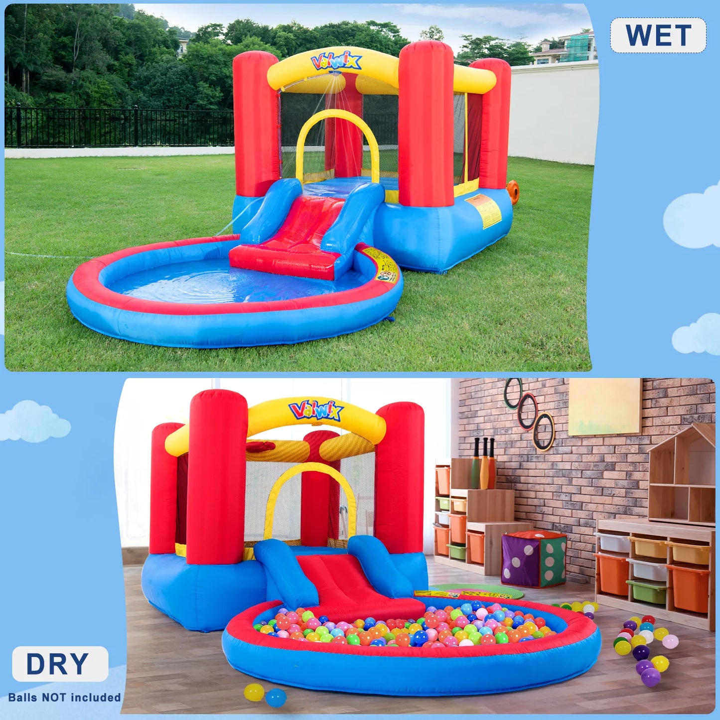 Valwix inflatable bounce house with blower for kids 3-5 years , bouncy castle waterslide & pool for wet dry combo, bouncer with repair kits, fun bounce area with basketball hoop