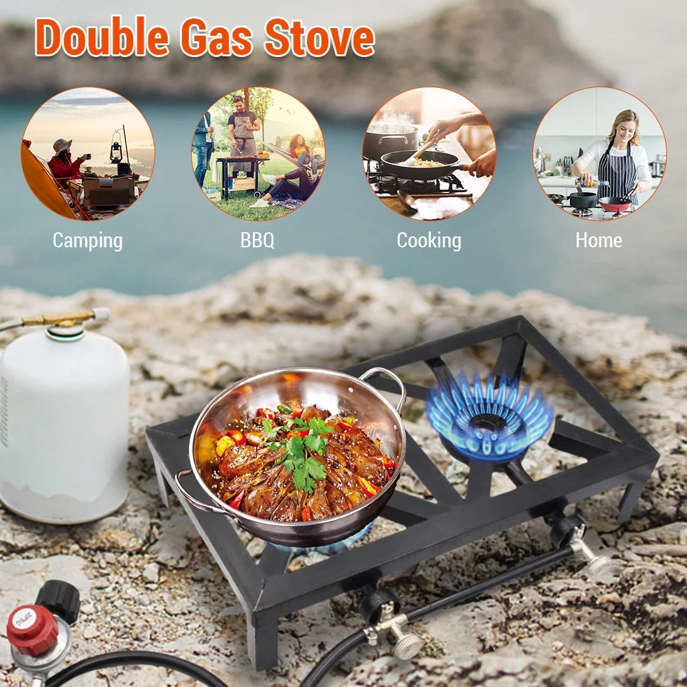 Walmeck propane gas double cast iron stove for patio camping bbq cooking ( standard)