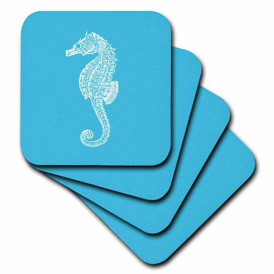 3drose blue seahorse print. sea horse. ocean marine beach aquarium aquatic, soft coasters, set of 8