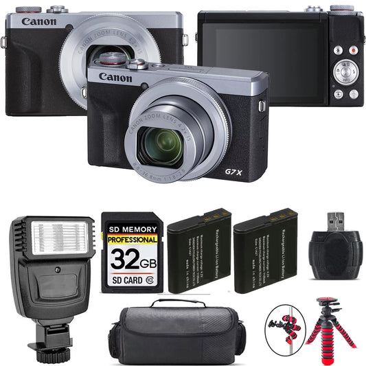 Canon powershot g7 x mark iii digital camera (silver) + extra battery + flash - 32gb kit