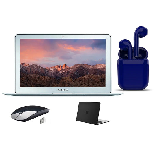 Restored apple 11.6-inch macbook air intel core i5 4gb ram 128gb ssd bundle: wireless mouse, black case, bluetooth/wireless airbuds by certified 2 day express (refurbished)