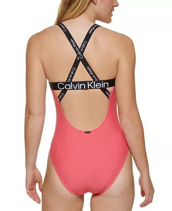 Calvin klein pink deep u-back criss-cross logo one-piece swimsuit, us x-large