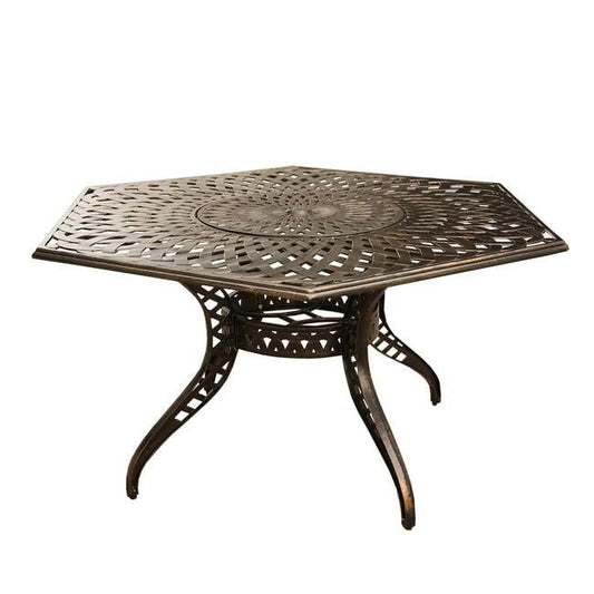 63 in. contemporary modern outdoor mesh lattice aluminium hexagon dining table with lazy susan, bronze