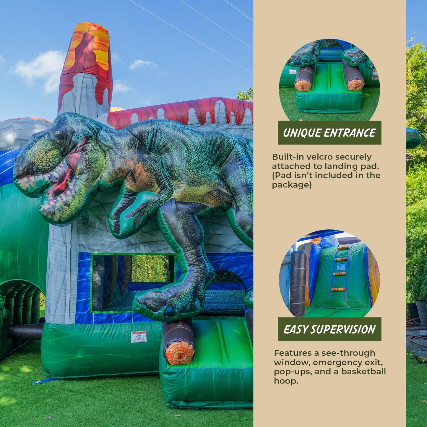 Xjump t-rex dinosaur inflatable water slide bounce house combo with splash pool for kids and adults (with air blower), commercial grade