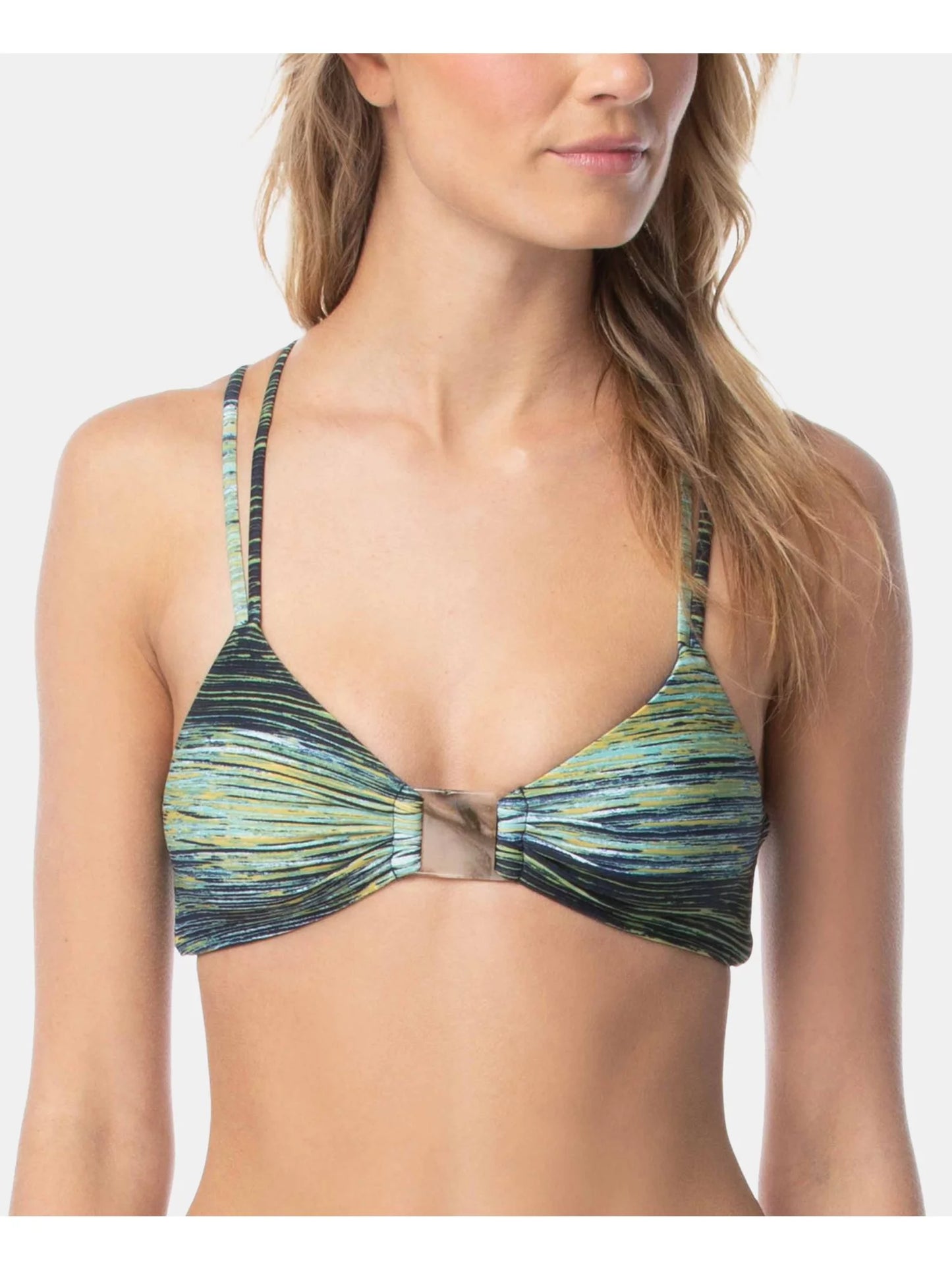 Vince camuto women's green printed stretch removable cups lined deep v neck strappy midnight waves swimsuit top xs