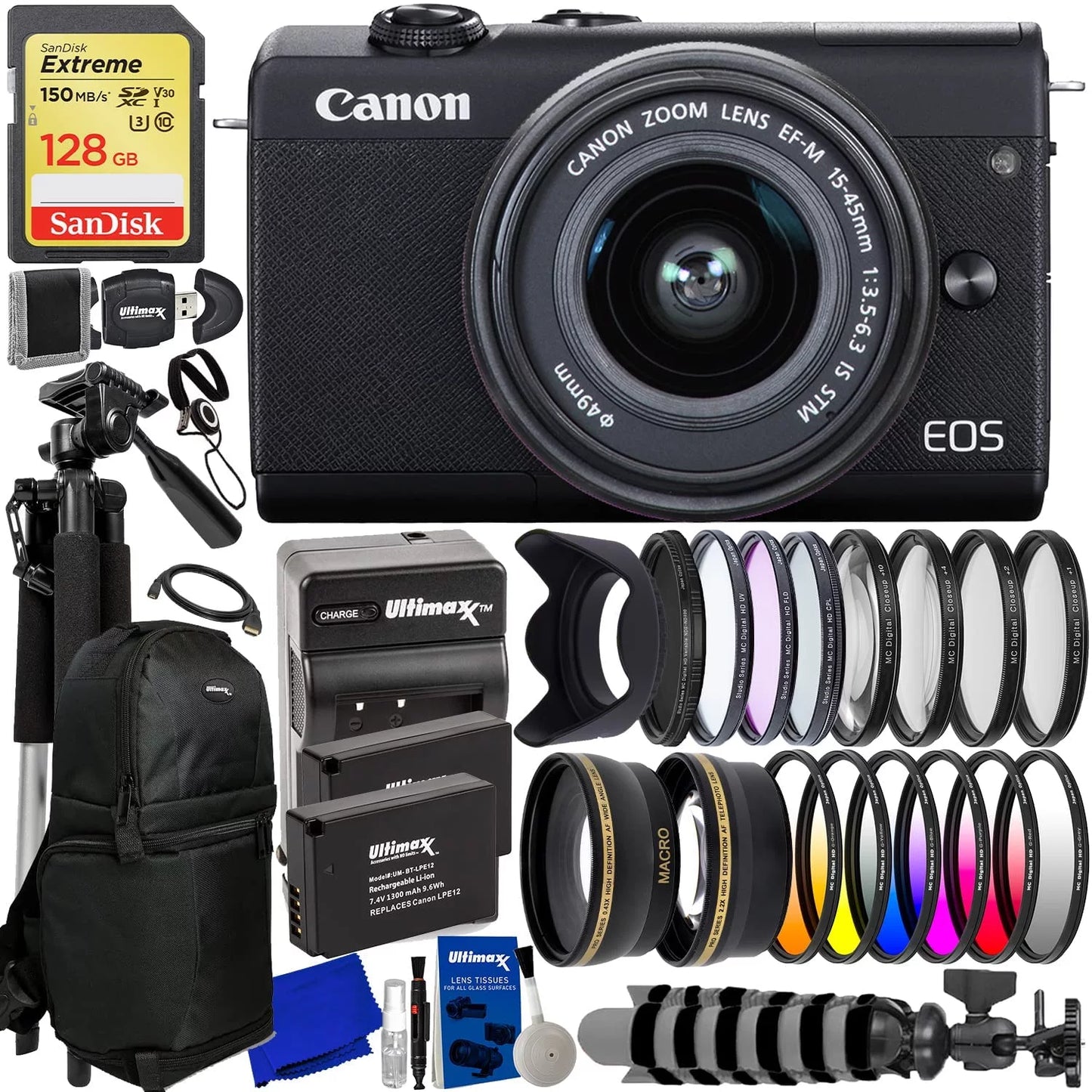 Canon eos m200 digital camera with 15-45mm lens (black) - 20pc accessory bundle