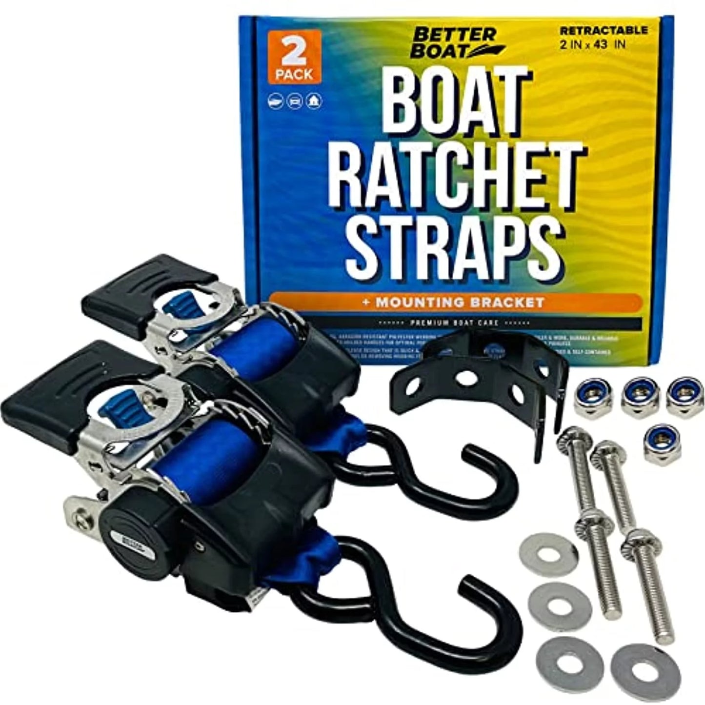 2x43 blue stainless retractable ratchet straps - heavy duty set with mounting brackets & bolts - self-retracting buckle for cargo