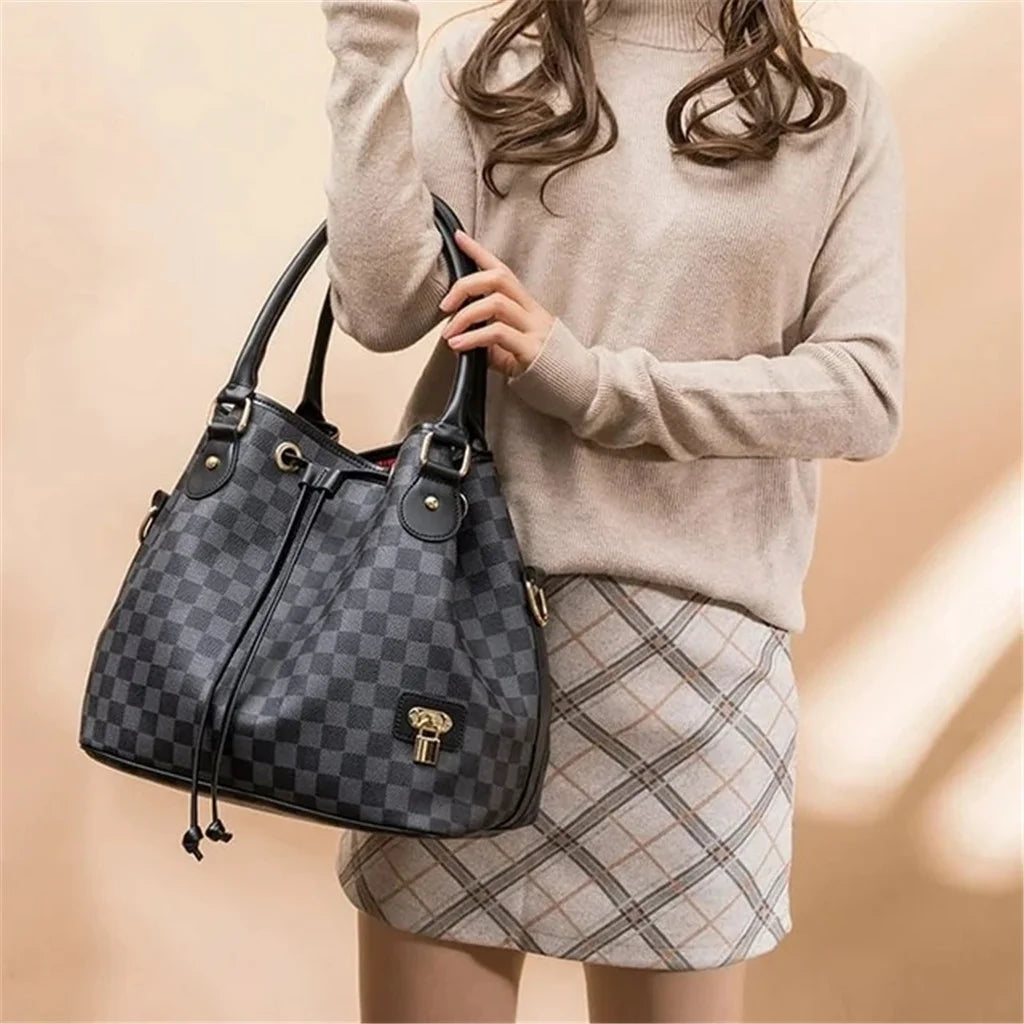 Checkered tote shoulder bag large handbags for women - pu vegan leather