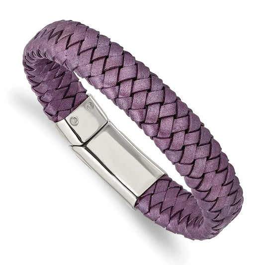 Stainless steel bracelet cord, leather & rubber women's 16 mm 7.5 in chisel polished metallic purple braided