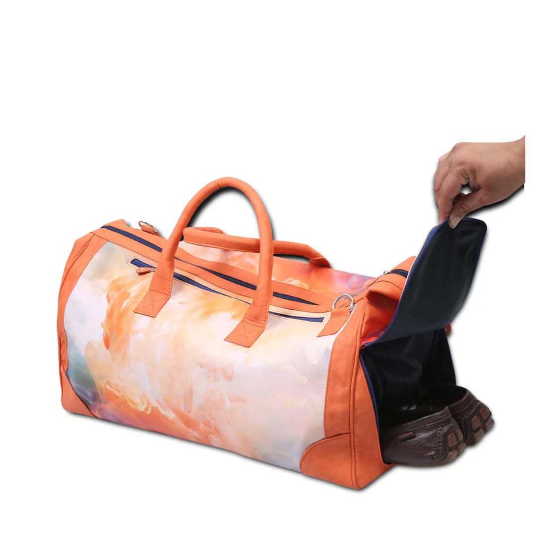 The orange wave unisex large weekender travel  bag with separate shoe compartment with adjustable strap