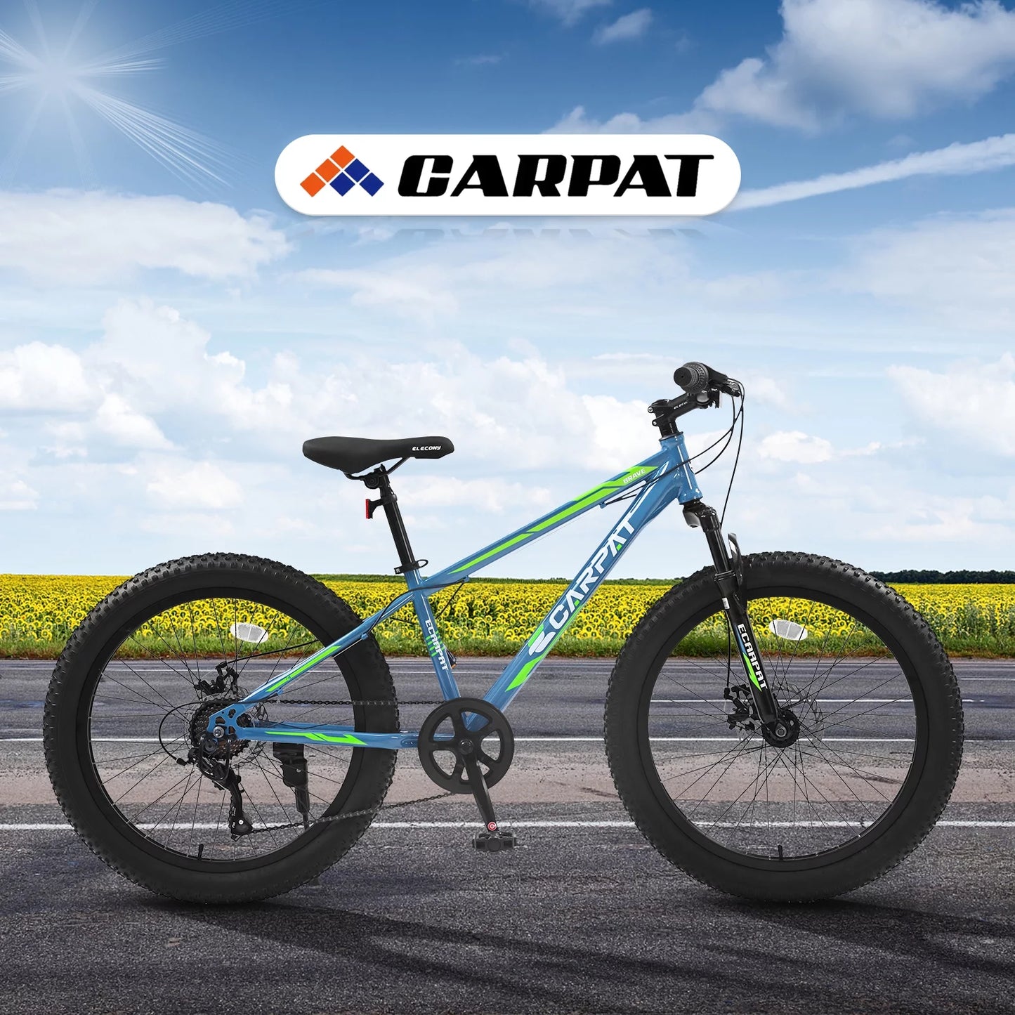 24 inch fat tire bicycle, 7 speed mountain bike, dual disc brake, front suspension, mountain trail bike, adjustable seat, blue