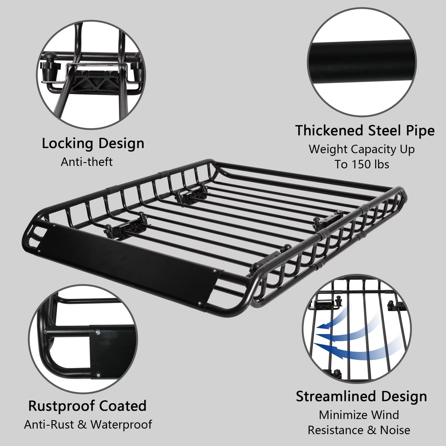 45"x 36"x4.5'' rack cargo basket universal rooftop cargo rack, cargo carrier for top of vehicle for suv, truck, & car luggage holder, 150 lbs weight capacity, black