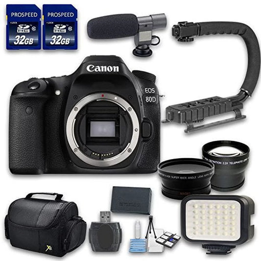 Canon eos 80d dslr camera bundle (body only)w/ wideangle&telephoto lenses|led light+2 pc 32 cards|microphone|case|x-grip|starter bundle