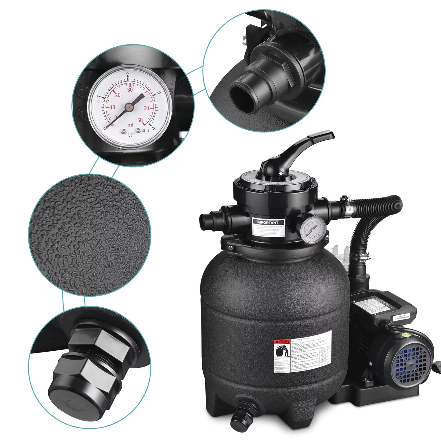 Yescom 12" sand filter pump for above ground pool 4-way valve 2640gph 3/4hp w/ strainer